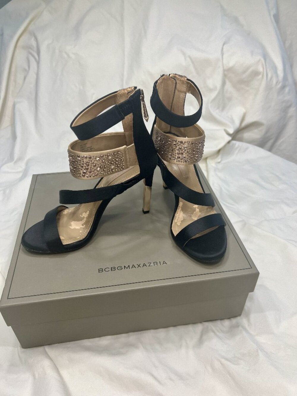 BCBGMAXAZRIA Size 5 Black Satin Crystal Rhinestone Stiletto Heels